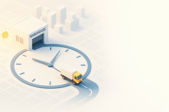 Time management in logistics illustrated by a stylized warehouse, clock, and delivery truck, symbolizing transportation efficiency.