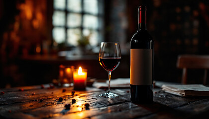 Romantic red wine glass and bottle with candlelight dinner