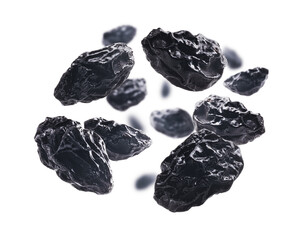 Dried prunes levitate on a white background
