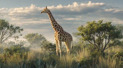 Ai generated image of a lone giraffe stands majestically amidst the misty african savanna at dawn, surrounded by lush greenery and a tranquil atmosphere
