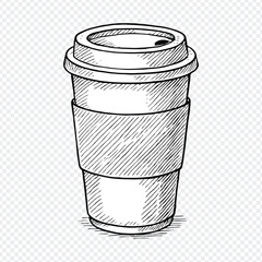 Hand-Drawn Disposable Coffee Cup Sketch – Black and White Takeaway Beverage Illustration with Lid and Sleeve and cup, coffee, paper, container, isolated, plastic, drink, beverage, object, disposable.