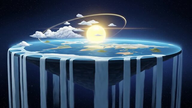 Flat earth maps Conceptual theory, animation a model showing the world map with oceans falling off the edge