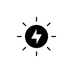 Solar energy icon. Simple solid style. Sun with lightning bolt, technology, nature, eco, ecology, sunlight, environment concept. Silhouette, glyph symbol. Vector isolated design
