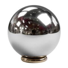 Large mirrored sphere with reflections of interior space on a gold base