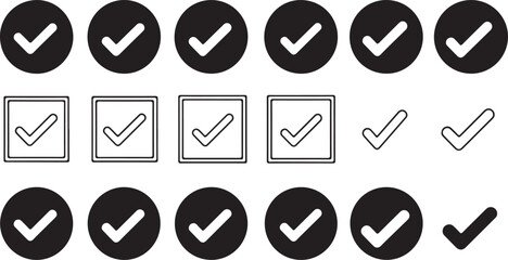 Collection of check mark icons and symbols for approval and completion