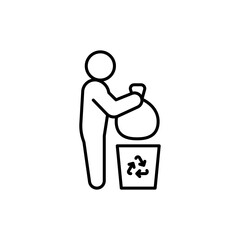 People and rubbish bin icon. Simple outline style. Person holding a sack of trash, cleanup, garbage, ecology, environment concept. Thin line symbol. Vector isolated design