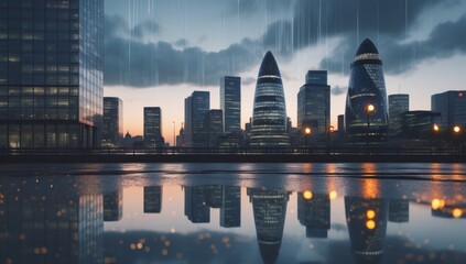 Obraz premium Drizzly City of London with Market Reflection 