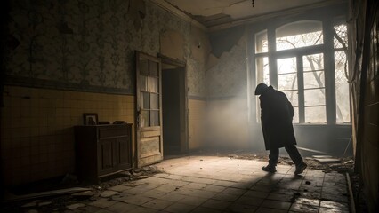 Solitary figure walks through a dimly lit abandoned room