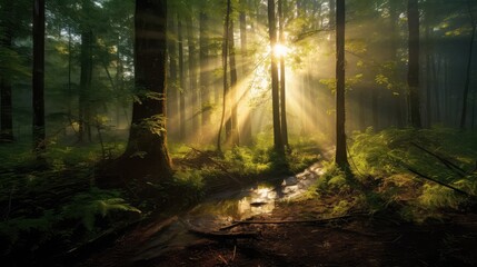 Fototapeta premium Sunlight streams through the trees in a dense forest, creating a serene and enchanting atmosphere scene