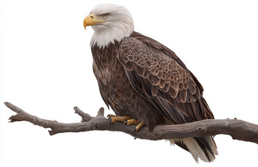 Obraz premium Bald eagle perched on a branch, looking out over a foggy river.