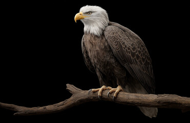 Obraz premium Bald eagle perched on a branch, looking out over a foggy river.