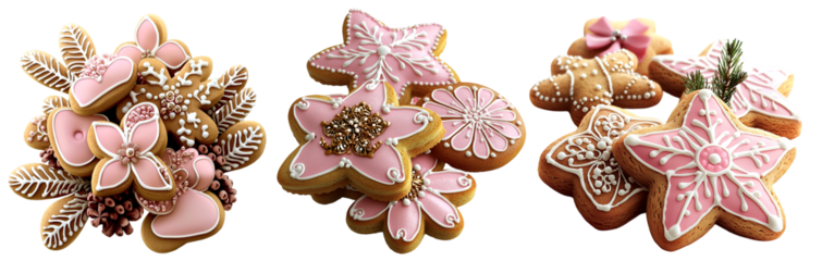 Collection of assorted flower shaped gingerbread cookies with pink icing and sprinkles isolated on white background