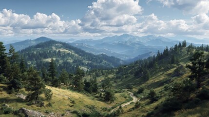 Ai generated image of breathtaking mountain vista with lush green forest, rolling hills, and a winding path under a blue sky filled with fluffy clouds