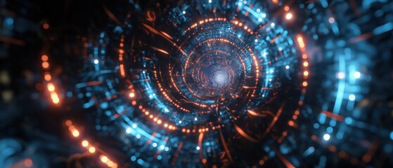 Fototapeta premium Futuristic tunnel of light: abstract digital art with glowing orbs