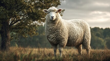 Obraz premium Ai generated image of a fluffy sheep stands in a field of golden grass, with a tree and forest in the background under a cloudy sky