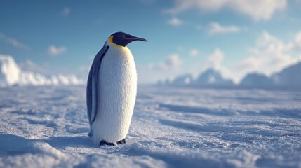 Ai generated image of a majestic emperor penguin stands tall on the vast, icy plains of antarctica, a symbol of resilience in the harsh polar environment