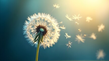 Obraz premium Wish upon a dandelion with seeds floating away in dreamy light, perfect for spring promotions