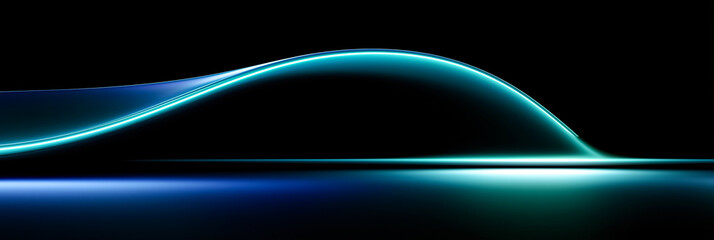 Abstract glowing wave on dark background, featuring luminous blue and cyan curves with reflective surface. Ideal for tech, digital, and futuristic design themes.