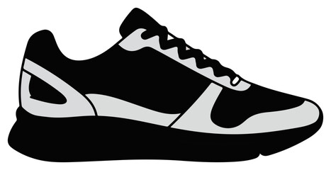 Black and grey athletic shoe design, side view.