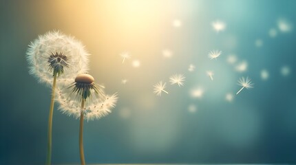 Delicate dandelion seeds floating gracefully in dreamy light, a symbol of hope and new beginnings