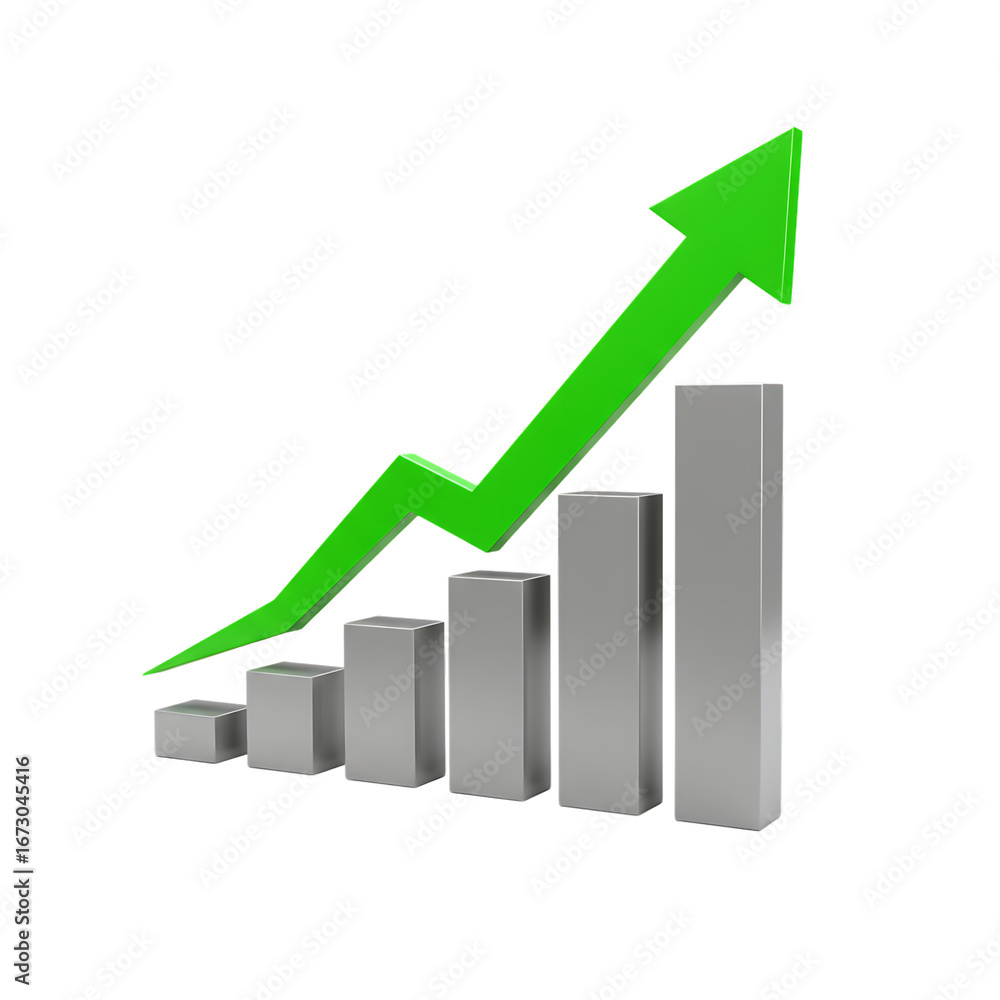 Poster growing bar graph with upward arrow on transparent background