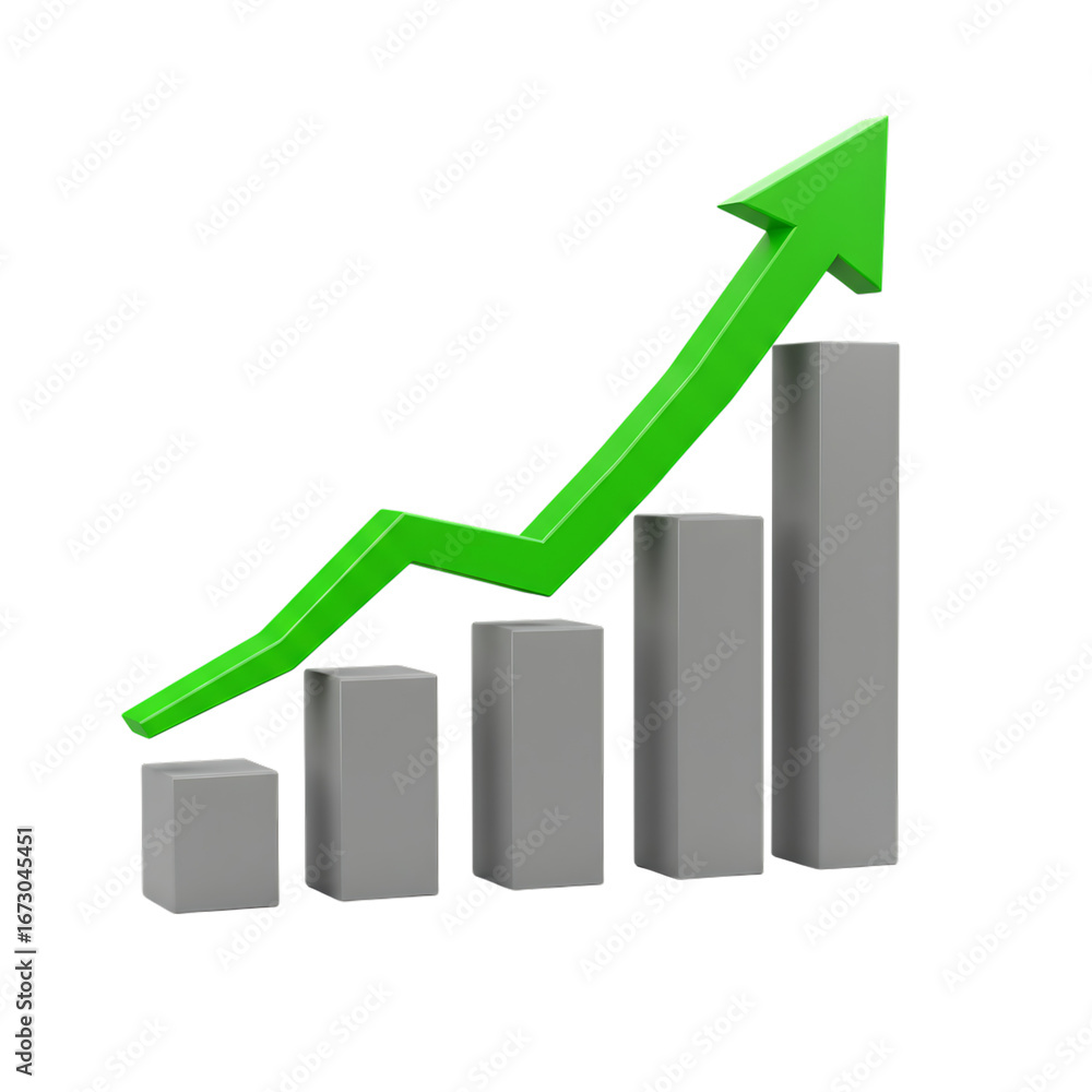 Poster growing bar graph with upward arrow on transparent background