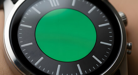 Close-up of a man's hand holding a smartphone with a green screen for mockup purposes against a blurred city street background at sunset