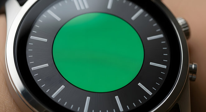 Close-up of a man's hand holding a smartphone with a green screen for mockup purposes against a blurred city street background at sunset