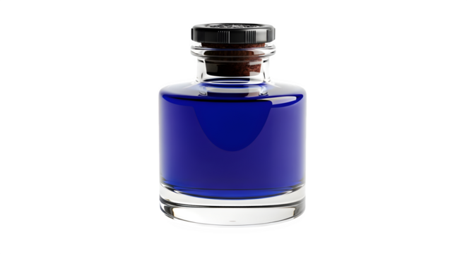 Vintage blue ink bottle isolated on transparent background, a transparent glass container with a dark liquid, perfect for retro and antique style decoration