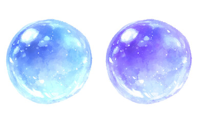 透き通った水滴の水彩イラスト_青、紫