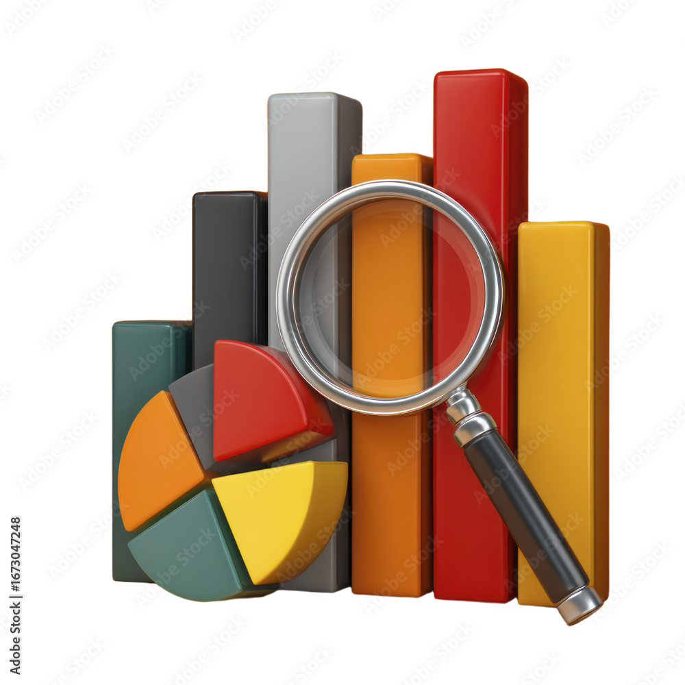 Poster colorful bar graph and pie chart with magnifying glass examining data analysis