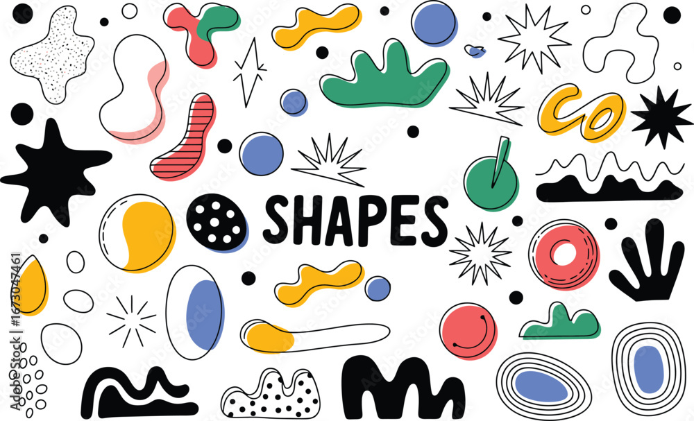 Poster various colorful abstract shapes and forms on a white background