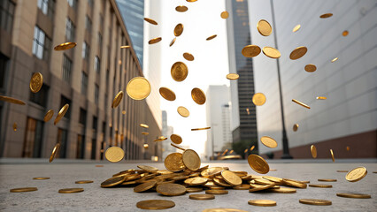 Golden coins falling in city, a symbol of golden investment success