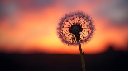 Fototapeta premium Dreamy dandelion silhouette against a stunning sunset sky evokes peace and tranquility, perfect for mindful projects