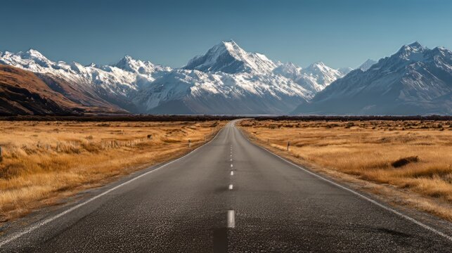 Ai generated image of a long asphalt road leads to snowcapped mountains under a clear blue sky, inviting travel and exploration in a scenic landscape