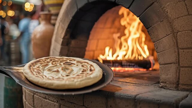 Freshly baked flatbread being removed from a wood-fired oven baking