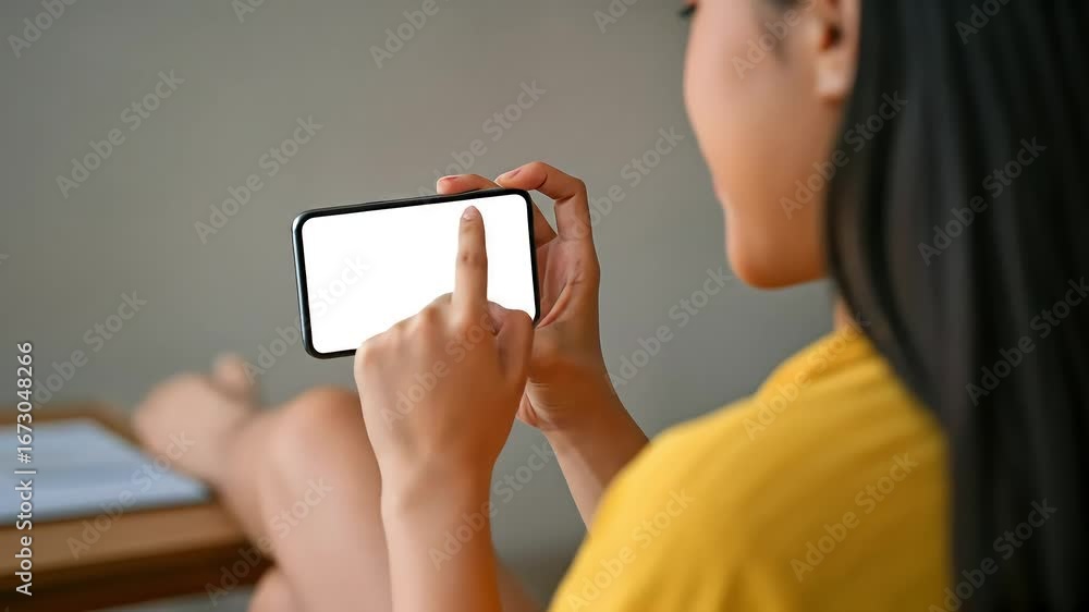 Poster person using digital device in modern indoor setting