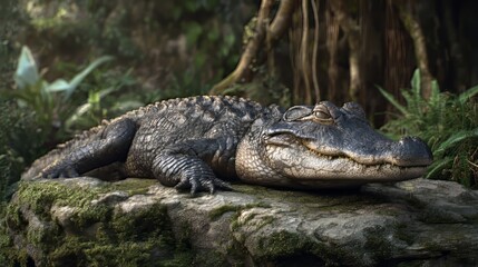 Ai generated image of american alligator resting on a mossy rock in its natural habitat, a powerful predator lurking in the swampy jungle