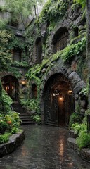Naklejka premium Rain-slicked, overgrown stone passageway. Lush greenery, archways, and stonework create a mystical interior garden