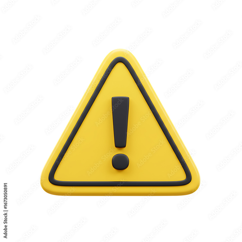 Poster yellow warning sign with exclamation point 3d render on transparent background