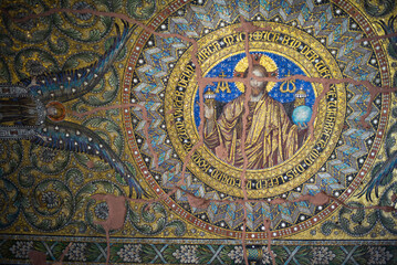 Jesus art and Michael Angel art at ruin of church in Berlin Germany