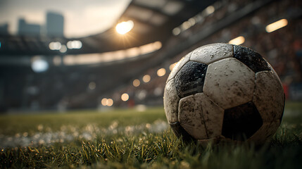 Closeup of a soccer ball on the grass in a stadium, ready for the game to start soon