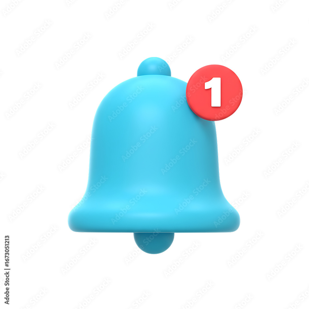 Poster blue notification bell with number one on transparent background