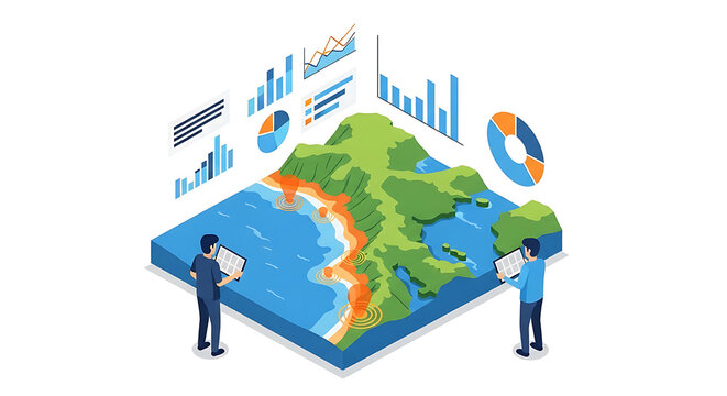 Conceptual isometric design of a geographic information system showing analysts studying data visualization charts on a 3D map