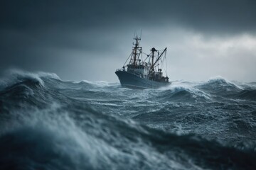 Fishing vessel navigating turbulent sea under dark stormy clouds