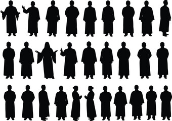 Silhouettes of men and women wearing robes, standing and interacting, various poses, black shadow figures, isolated on white background.