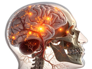 Detailed anatomical illustration of human brain and skull with glowing neural pathways anatomy