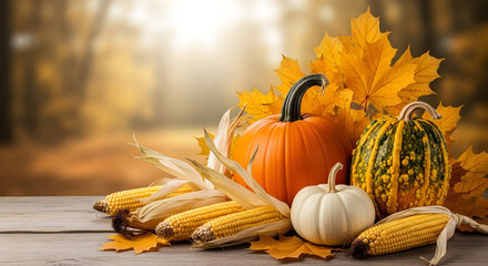 Autumn Harvest Still Life with Pumpkin and Corn.