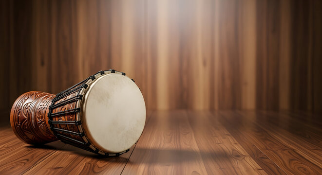 Traditional African djembe hand drum lying on a polished wooden floor under a spotlight.