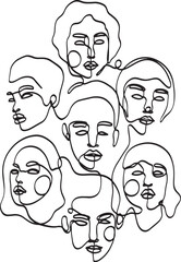 Many faces people different continuous one line art simple illustration
